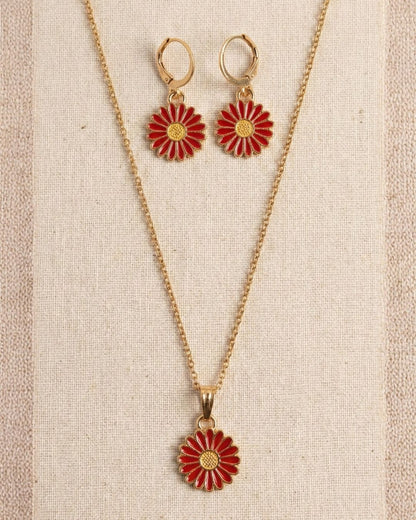 Chic Red Flower Pendant Necklace & Earrings Jewelry Set for Girls