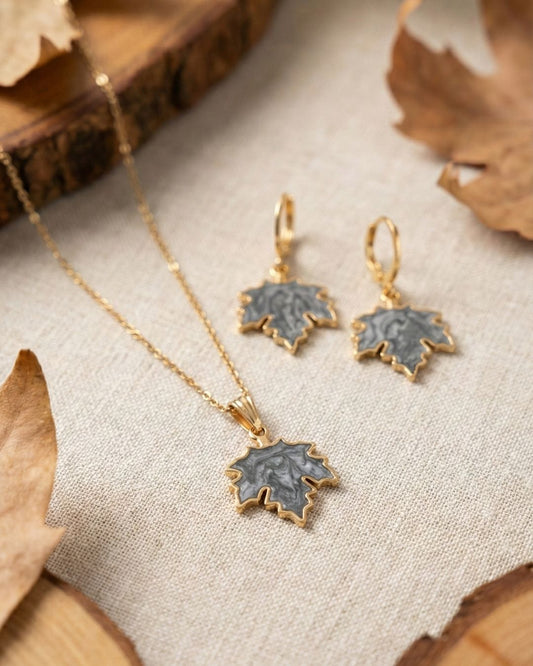 Minimal Grey Maple Leaf Pendant Necklace & Earrings Jewelry Set for Girls