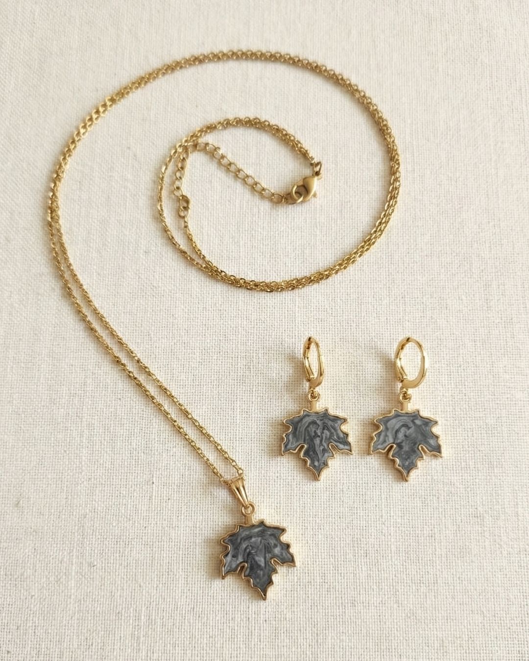 Minimal Grey Maple Leaf Pendant Necklace & Earrings Jewelry Set for Girls
