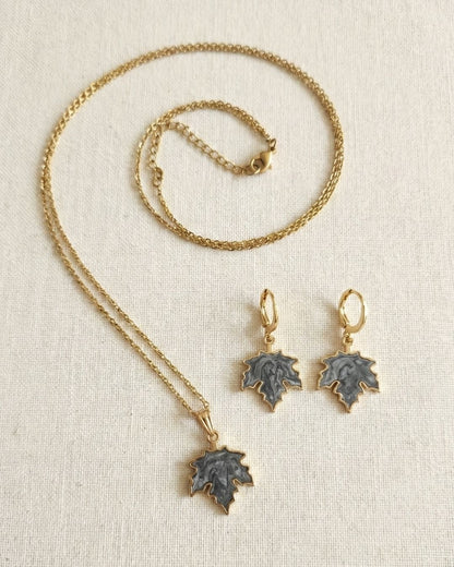 Minimal Grey Maple Leaf Pendant Necklace & Earrings Jewelry Set for Girls