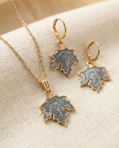 Minimal Grey Maple Leaf Pendant Necklace & Earrings Jewelry Set for Girls