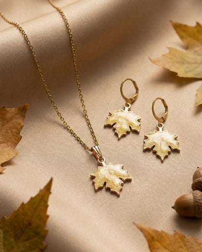 Whimsical Yellow Maple Leaf Pendant Necklace & Earrings Jewelry Set for Girls