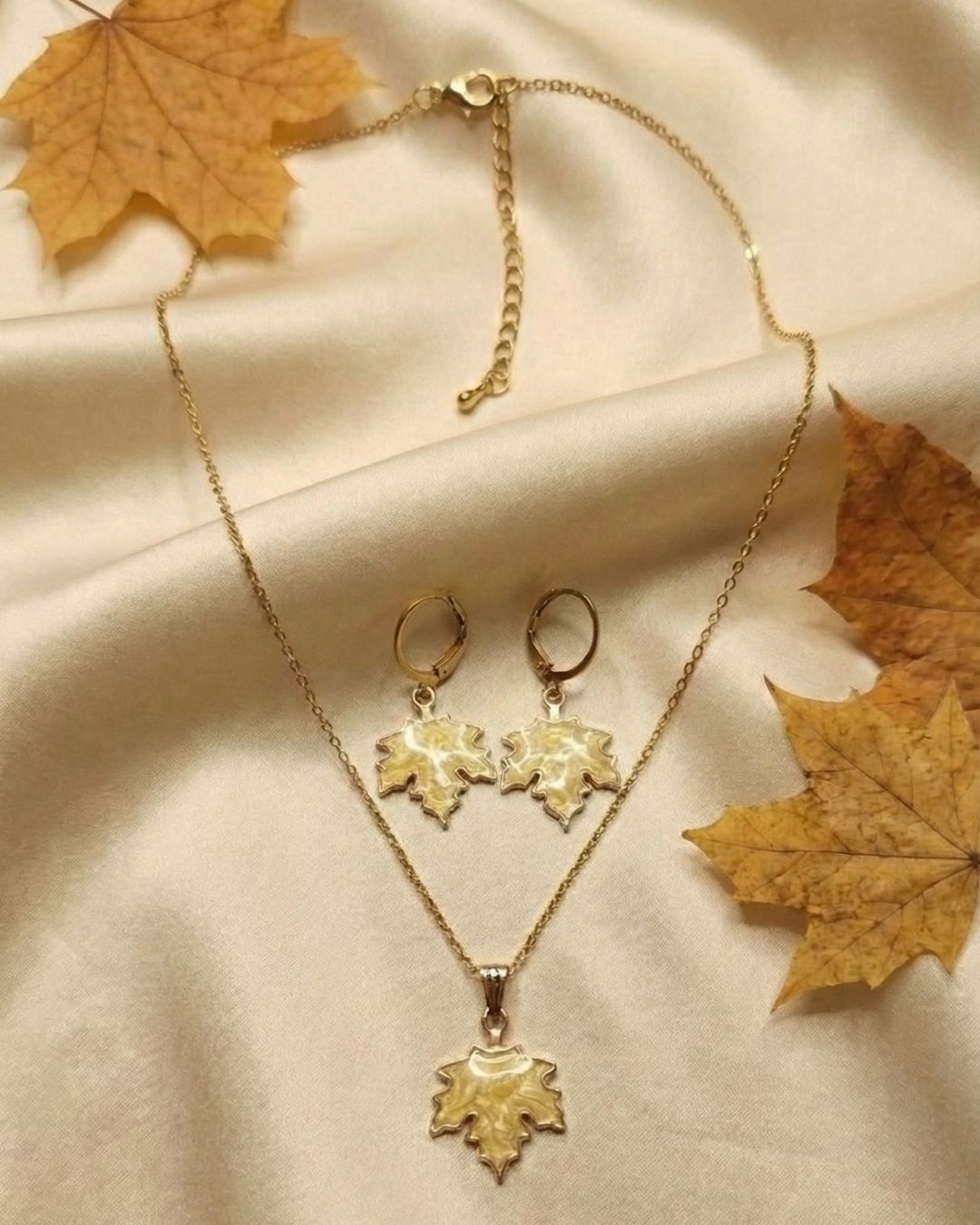 Whimsical Yellow Maple Leaf Pendant Necklace & Earrings Jewelry Set for Girls