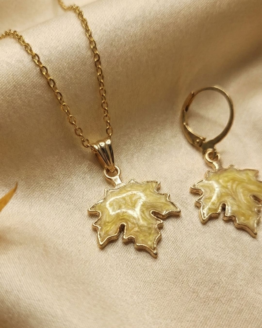 Whimsical Yellow Maple Leaf Pendant Necklace & Earrings Jewelry Set for Girls
