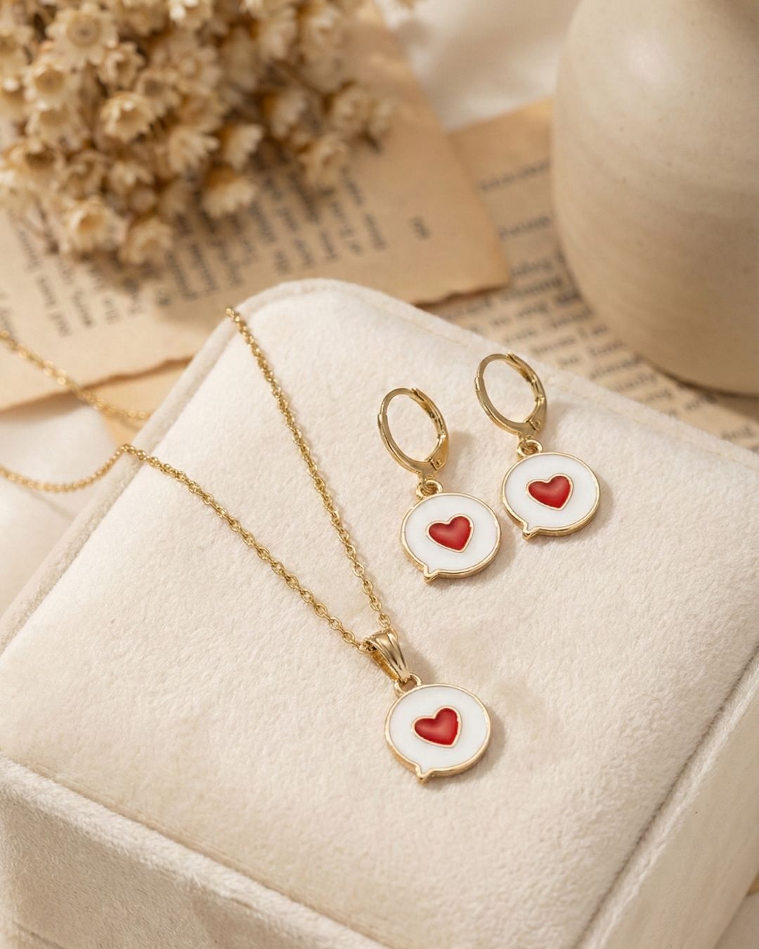 Cute White & Red Heart Pendant Necklace & Earrings Jewelry Set for Girls