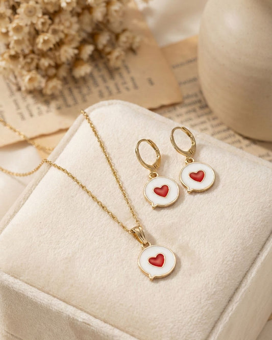 Cute White & Red Heart Pendant Necklace & Earrings Jewelry Set for Girls