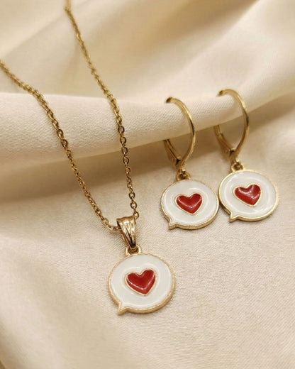 Cute White & Red Heart Pendant Necklace & Earrings Jewelry Set for Girls