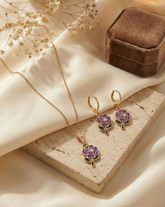 Elegant Purple Rose Pendant Necklace & Earrings Jewelry Set for Girls