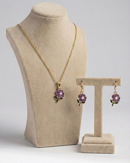 Elegant Purple Rose Pendant Necklace & Earrings Jewelry Set for Girls
