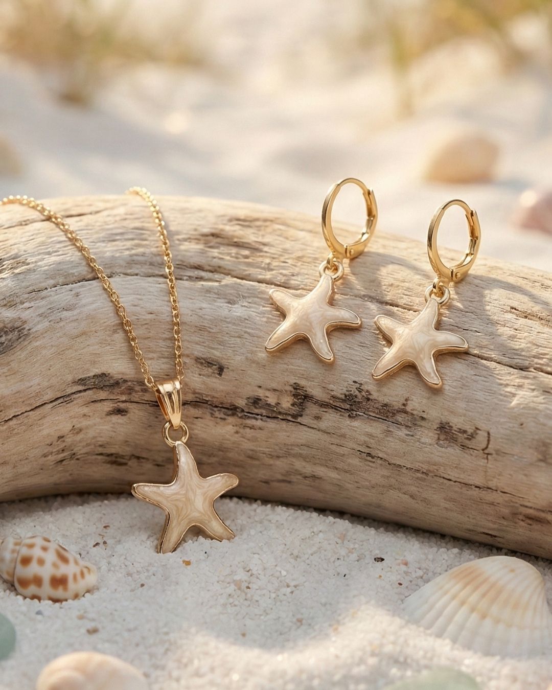 Delicate Ivory Star Fish Pendant Necklace & Earrings Jewelry Set for Girls