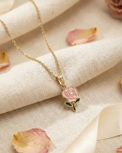 Chic Pink Rose Pendant Necklace Jewelry Set with Chain for Girls