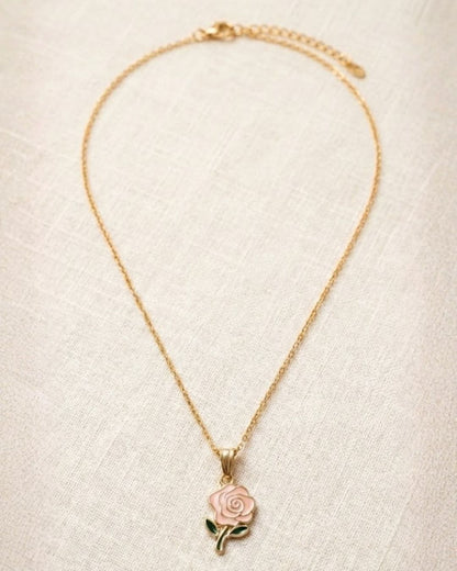 Chic Pink Rose Pendant Necklace Jewelry Set with Chain for Girls