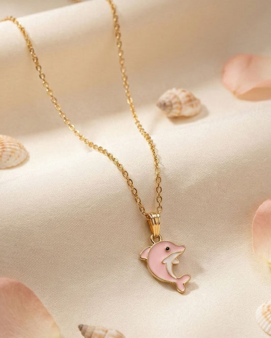 Whimsical Pink Dolphin Charm Pendant Necklace Jewelry Set for Girls