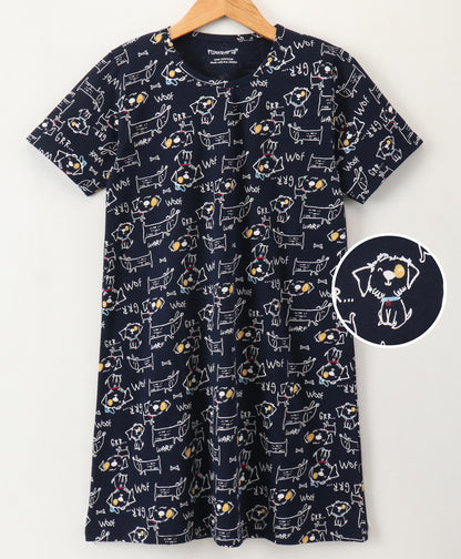 Girls Puppy Print 100% Cotton Nightdress - Black