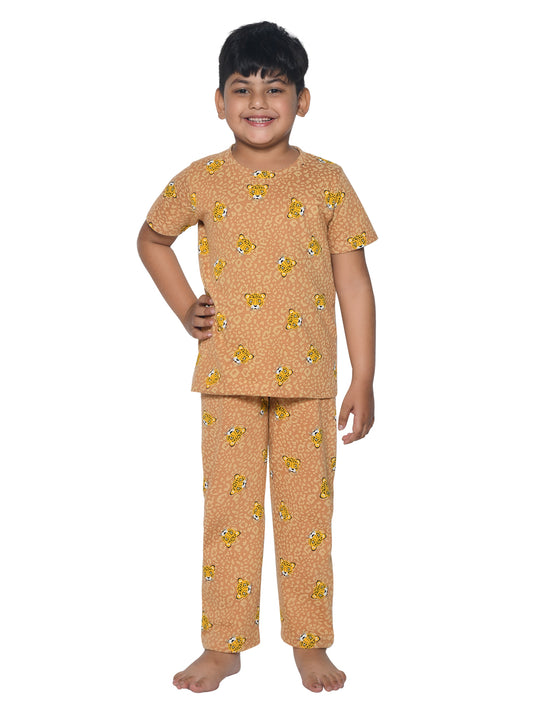 Brown Tiger Printed Cotton Loungewear for Boys