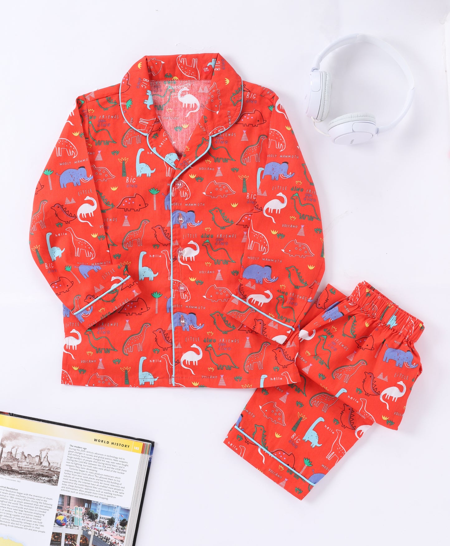 Red Dinosaur Printed Pure Cotton Night Suit for Kids