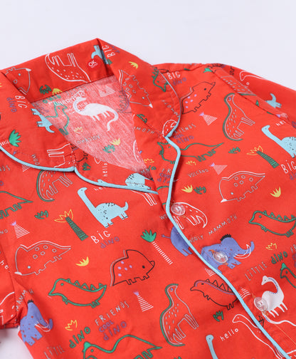 Red Dinosaur Printed Pure Cotton Night Suit for Kids