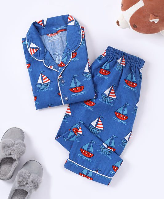 Blue Ship Printed Cotton Night Suit for Boys