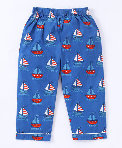 Blue Ship Printed Cotton Night Suit for Boys