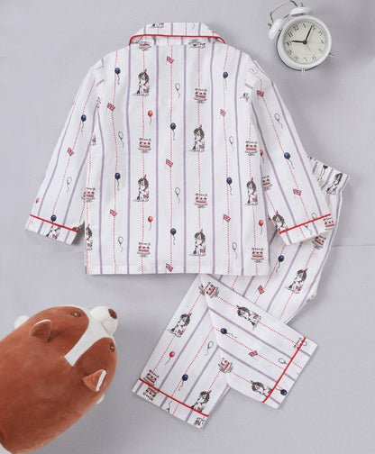 White Puppy Printed Pure Cotton Night Suit for Kids