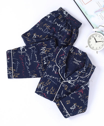 Navy Blue Typographic Printed Pure Cotton Night Suit for Kids