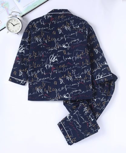 Navy Blue Typographic Printed Pure Cotton Night Suit for Kids