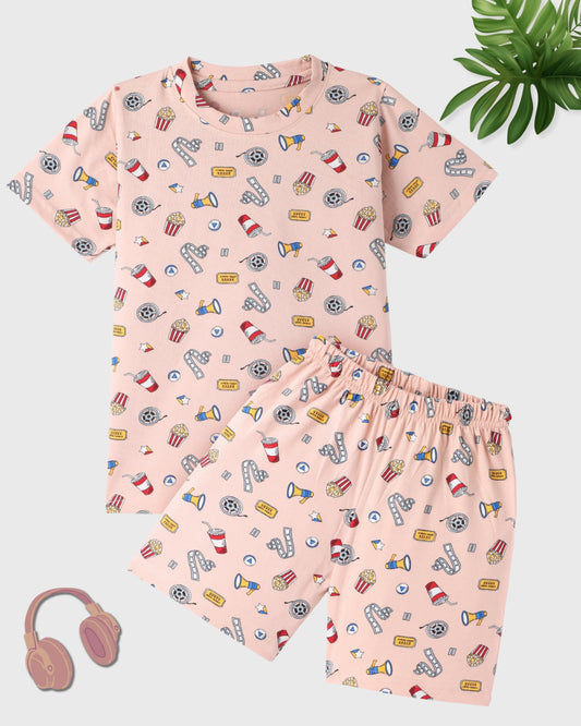 Peach Kids Pure Cotton Half Sleeves Printed T-shirt & Shorts Set Set