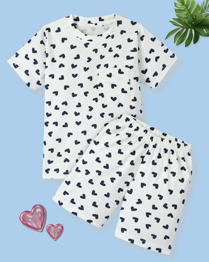 White & Black Pure Cotton Half Sleeves Heart & Puppy Printed Shorts Set for Girls - Pack of 2