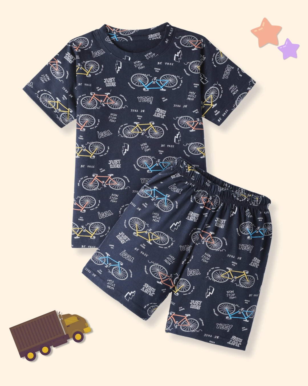White & Navy Blue Pure Cotton Half Sleeves Heart & Bicycle Printed Shorts Set for Girls - Pack of 2