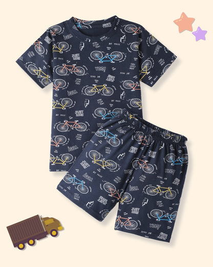 Peach & Navy Blue Pure Cotton Half Sleeves Printed T-shirt & Shorts Set for Kids - Pack of 2