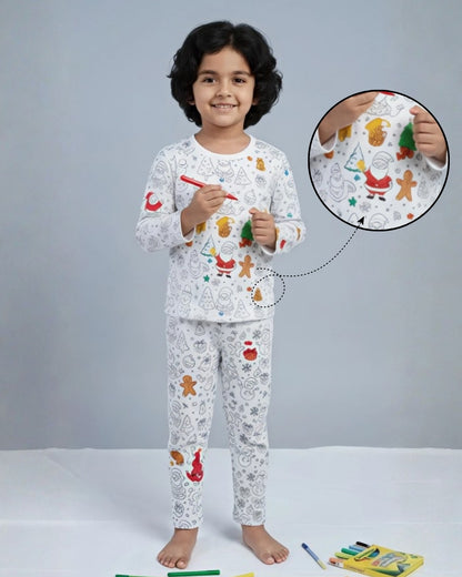 Christmas Inspired Self Coloring Premium Cotton Night Suit with Fabric Marker for Girls & Boys