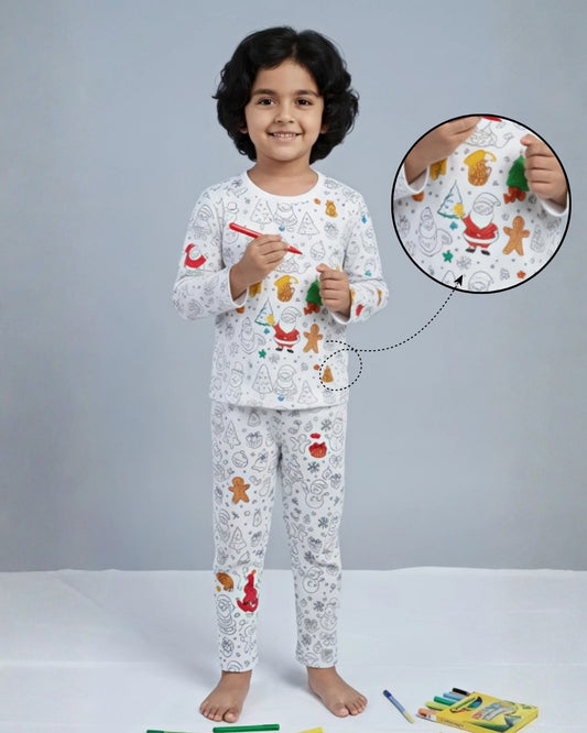 Christmas Inspired Self Coloring Premium Cotton Night Suit with Fabric Marker for Girls & Boys