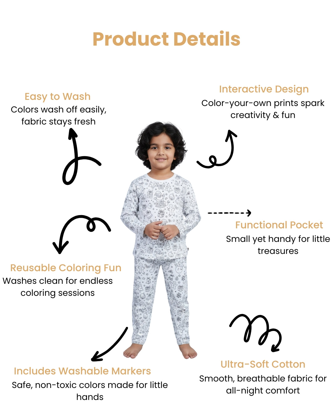 Christmas Inspired Self Coloring Premium Cotton Night Suit with Fabric Marker for Girls & Boys