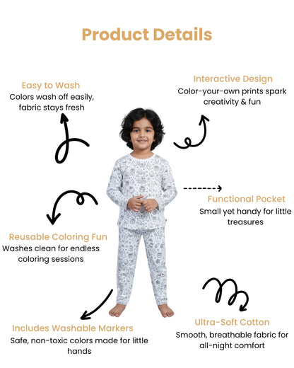 Christmas Inspired Self Coloring Premium Cotton Night Suit with Fabric Marker for Girls & Boys