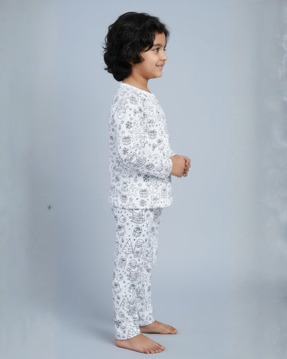 Christmas Inspired Self Coloring Premium Cotton Night Suit with Fabric Marker for Girls & Boys