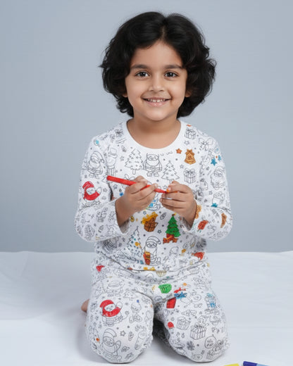 Christmas Inspired Self Coloring Premium Cotton Night Suit with Fabric Marker for Girls & Boys