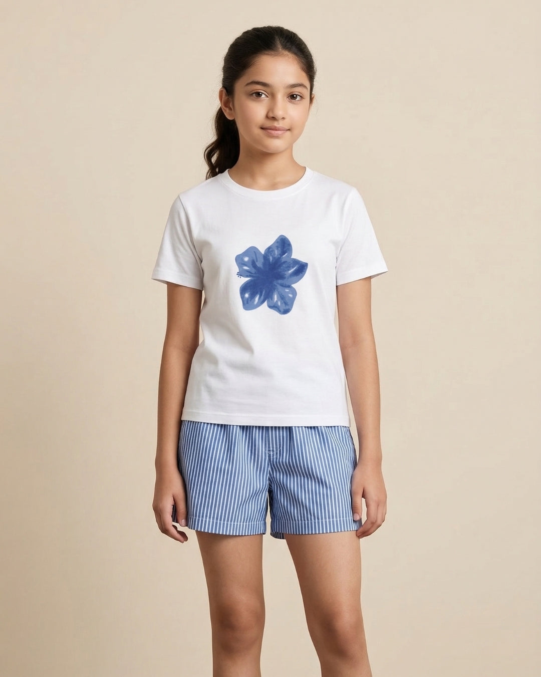 Blue Blossom Print Cotton T-Shirt with Striped Poplin Shorts Set for Girls
