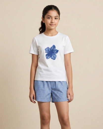 Blue Blossom Print Cotton T-Shirt with Striped Poplin Shorts Set for Girls