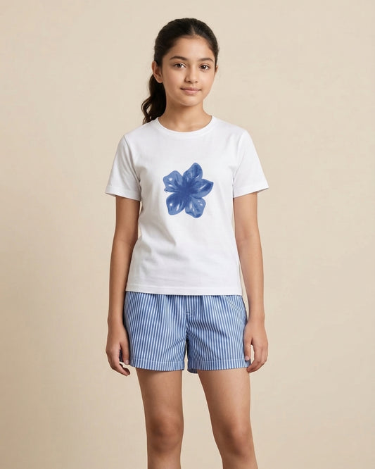 Blue Blossom Print Cotton T-Shirt with Striped Poplin Shorts Set for Girls