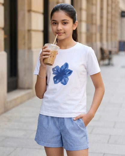 Blue Blossom Print Cotton T-Shirt with Striped Poplin Shorts Set for Girls