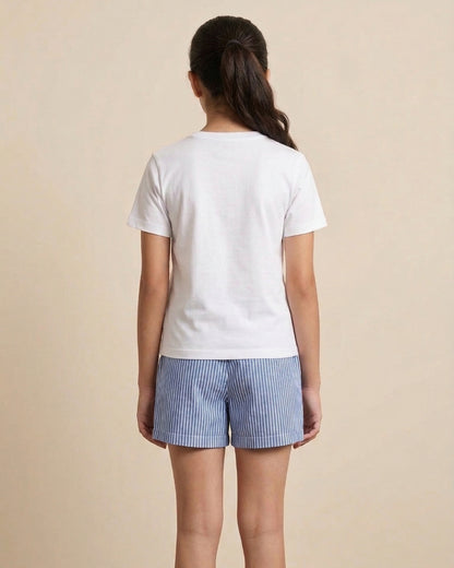 Blue Blossom Print Cotton T-Shirt with Striped Poplin Shorts Set for Girls