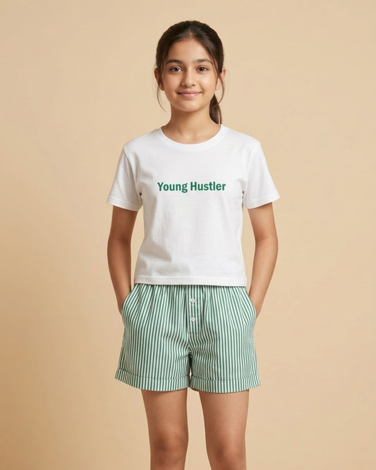 Green Typographic Printed Cotton T-Shirt with Striped Poplin Shorts Set for Girls