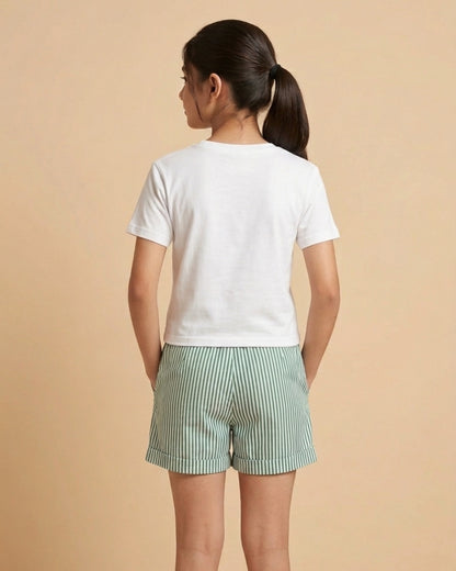 Green Typographic Printed Cotton T-Shirt with Striped Poplin Shorts Set for Girls