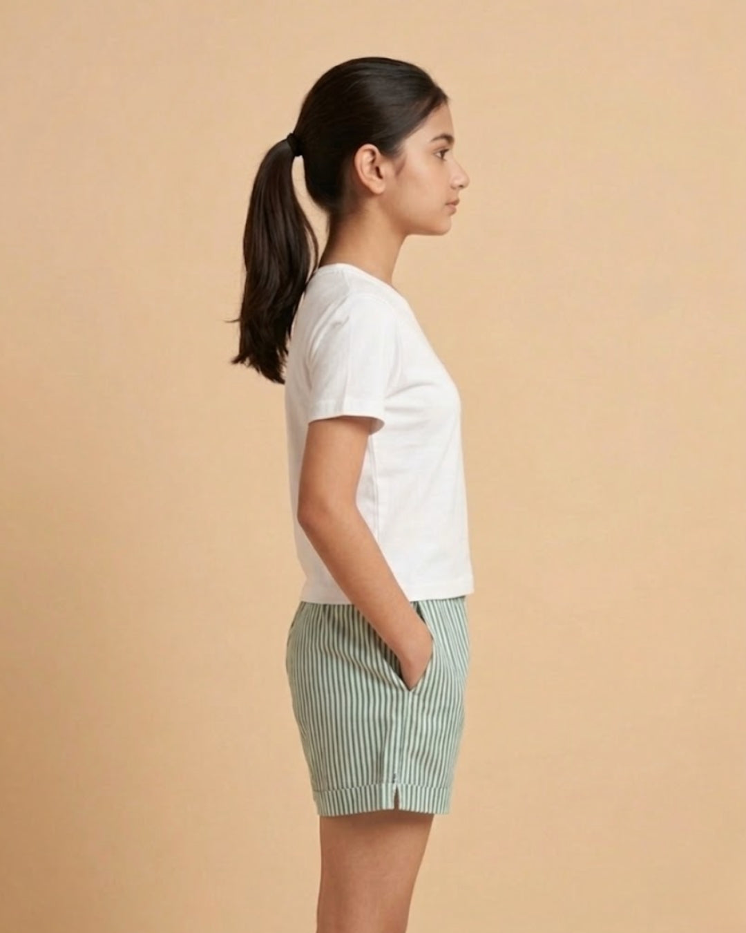 Green Typographic Printed Cotton T-Shirt with Striped Poplin Shorts Set for Girls