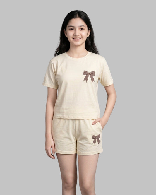 Off-White Bow Print Cotton Sinker T-Shirt & Shorts Set for Girls