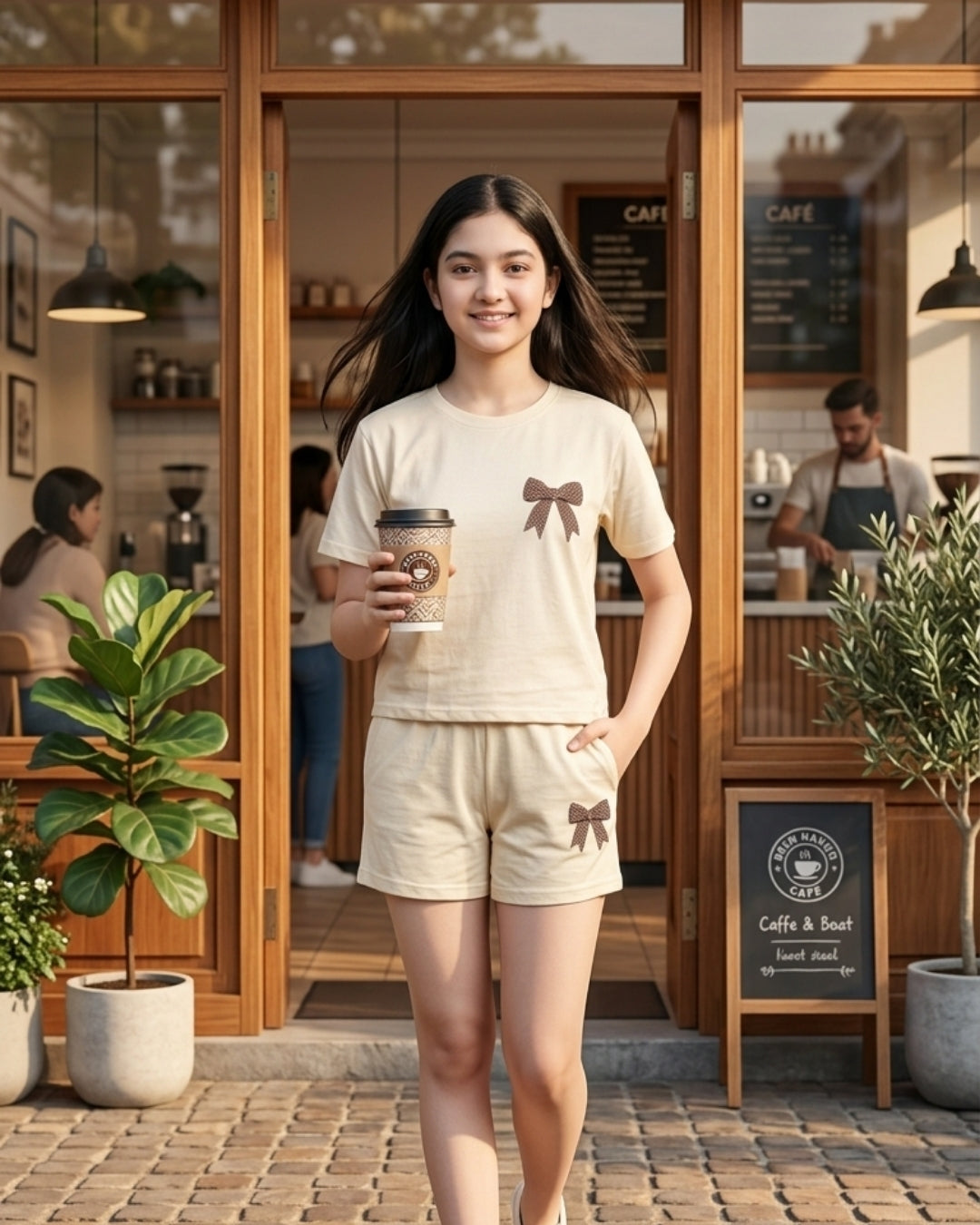 Off-White Bow Print Cotton Sinker T-Shirt & Shorts Set for Girls