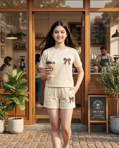 Off-White Bow Print Cotton Sinker T-Shirt & Shorts Set for Girls