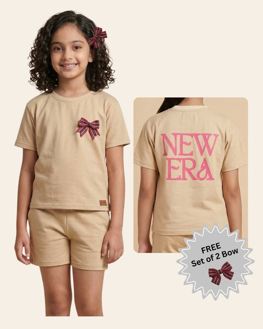 Playful Typographic Beige Cotton Sinker T-Shirt & Shorts Set for Girls