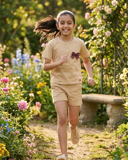 Playful Typographic Beige Cotton Sinker T-Shirt & Shorts Set for Girls