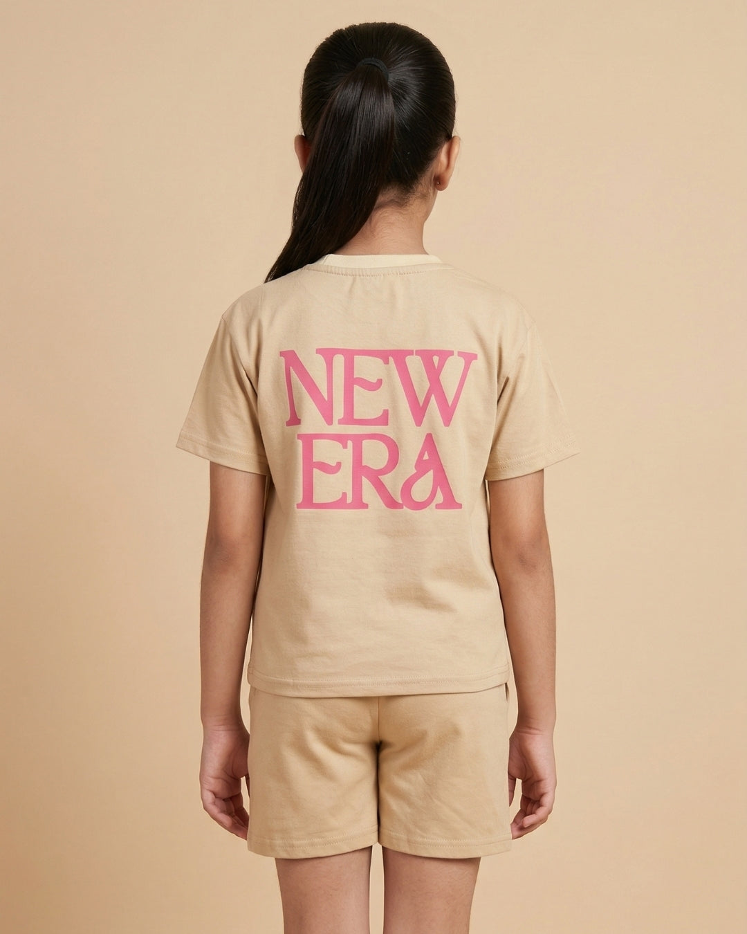 Playful Typographic Beige Cotton Sinker T-Shirt & Shorts Set for Girls